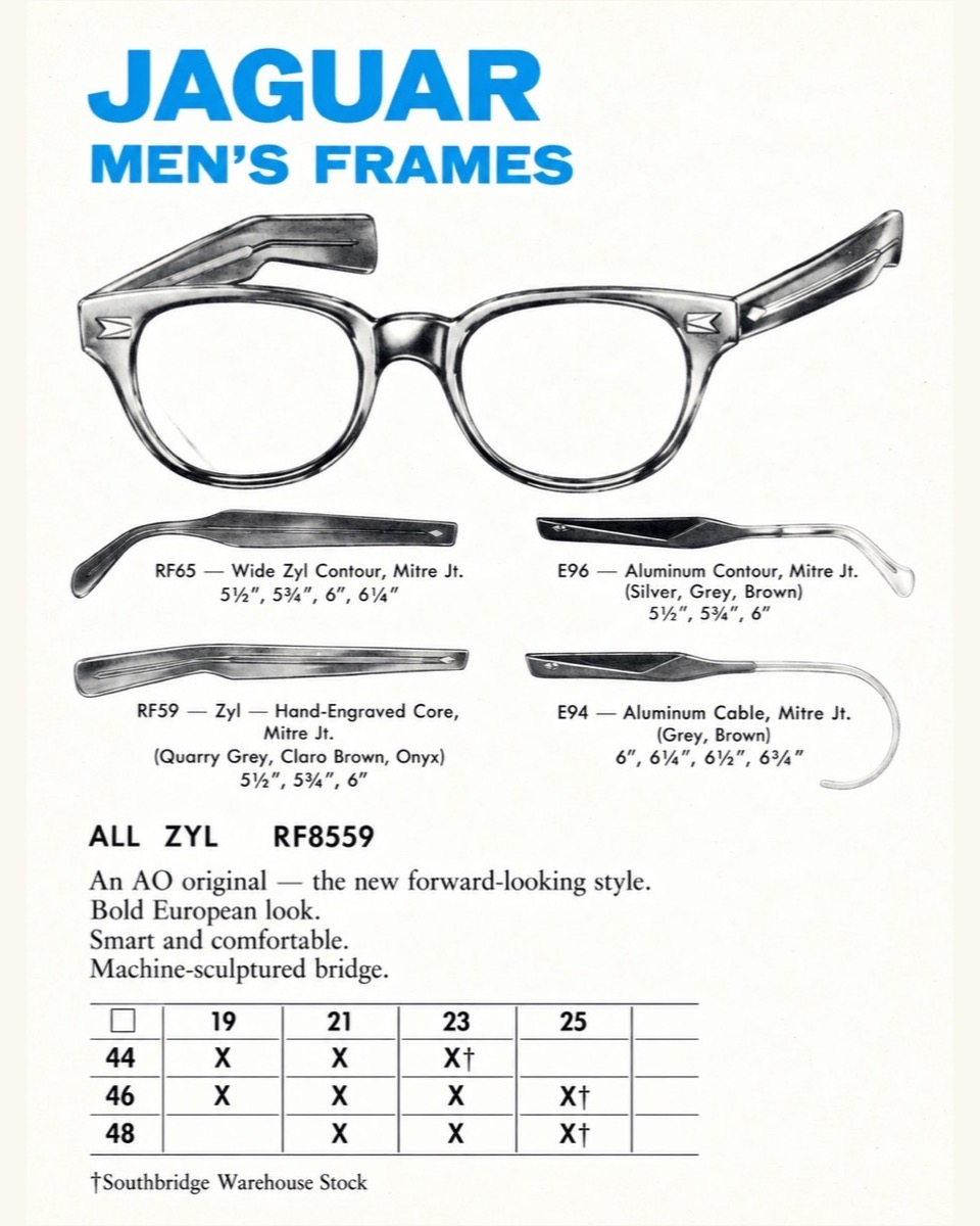 American Optical Jaguar catalogue sheet showing RF8559 all-Zyl front, RF59 hand-engraved-core temples and size table