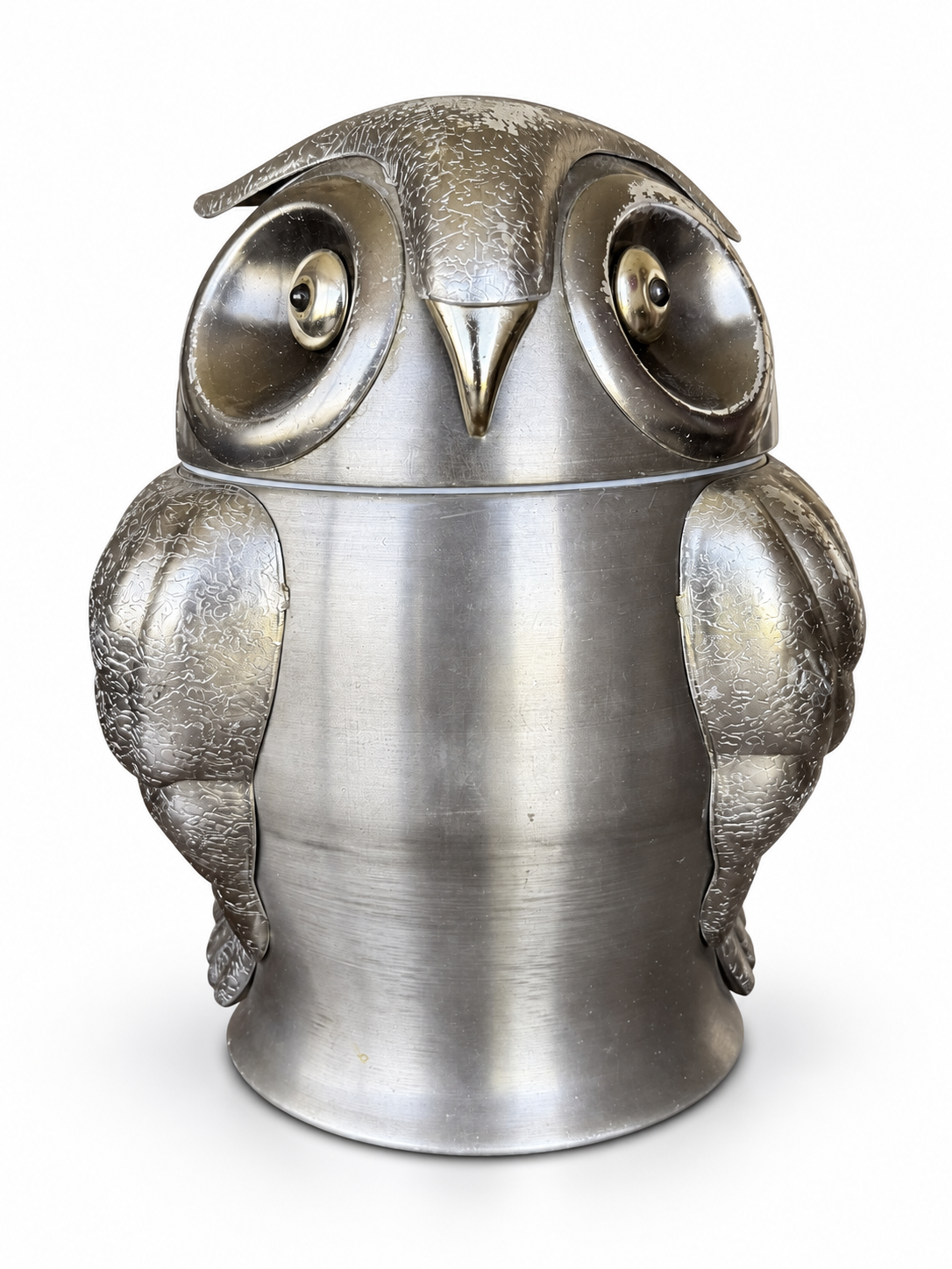 Silver-tone owl-form insulated ice bucket with a hinged head and textured wings on a white studio background