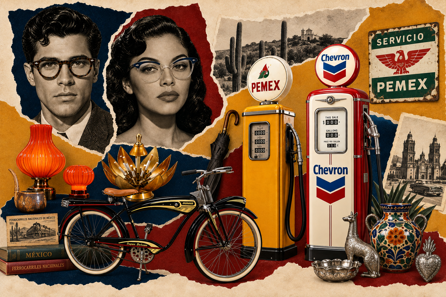 An Americana and Mexicana mural with vintage eyewear, restored Chevron and PEMEX pumps, a Monark bicycle, orange glass lamps, silver, pottery, and archival ephemera
